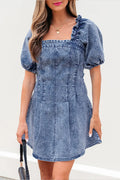 Women's Casual Denim Dress Puff Sleeve Backless Lace Up