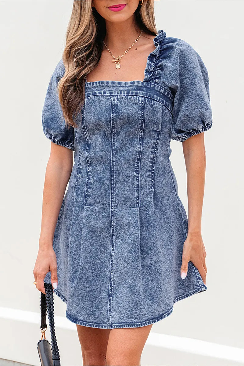 Women's Casual Denim Dress Puff Sleeve Backless Lace Up