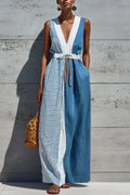Women's Casual Color Block Stripe Solid Sleeveless Deep V Drawstring Waist Linen Maxi Dress