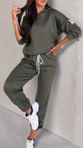 Ladies Round Neck Hooded Top+ Drawstring Pants Casual Set