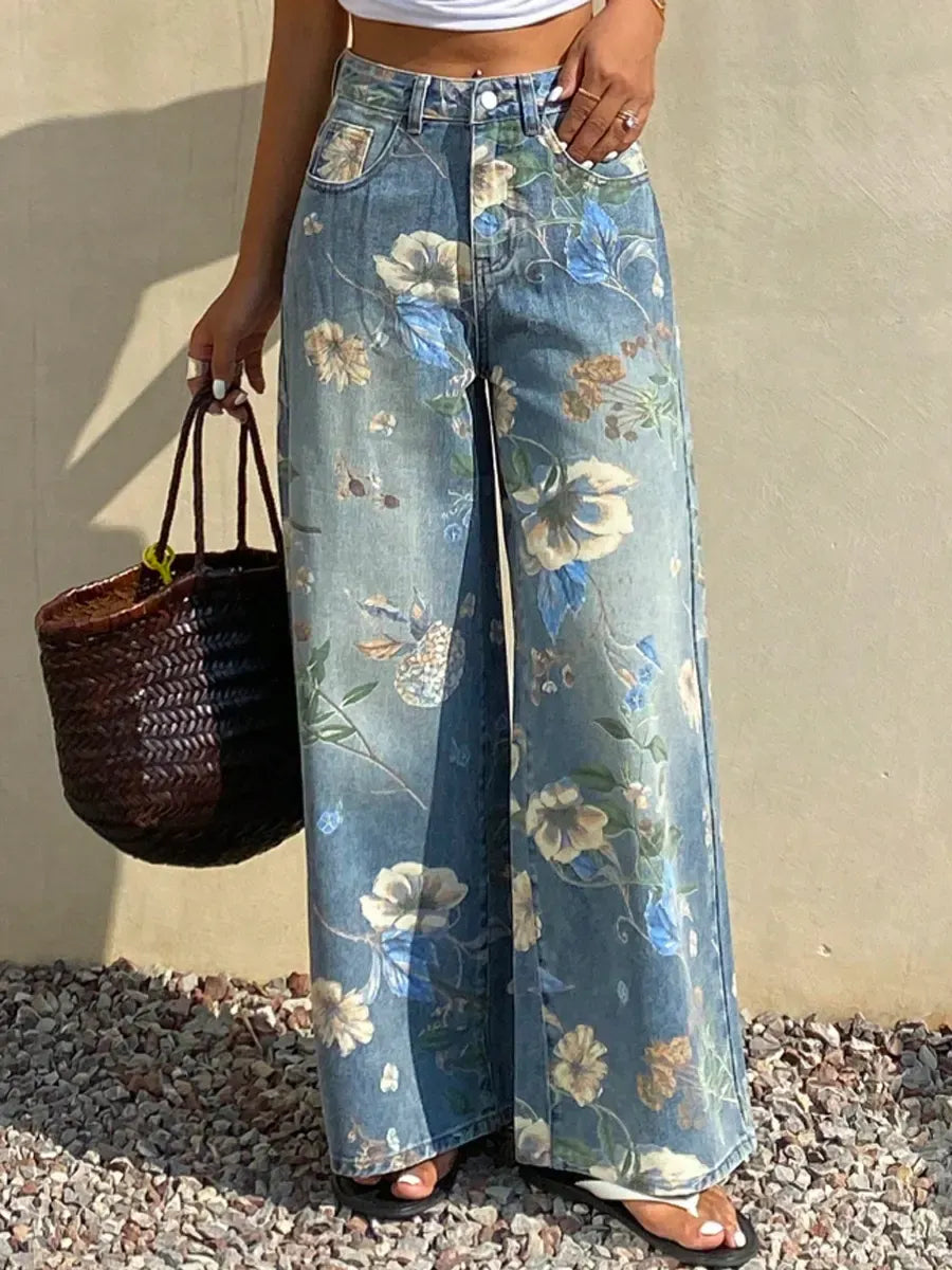 Women's Vintage Floral Pattern Art Print Casual Cotton Denim Jeans