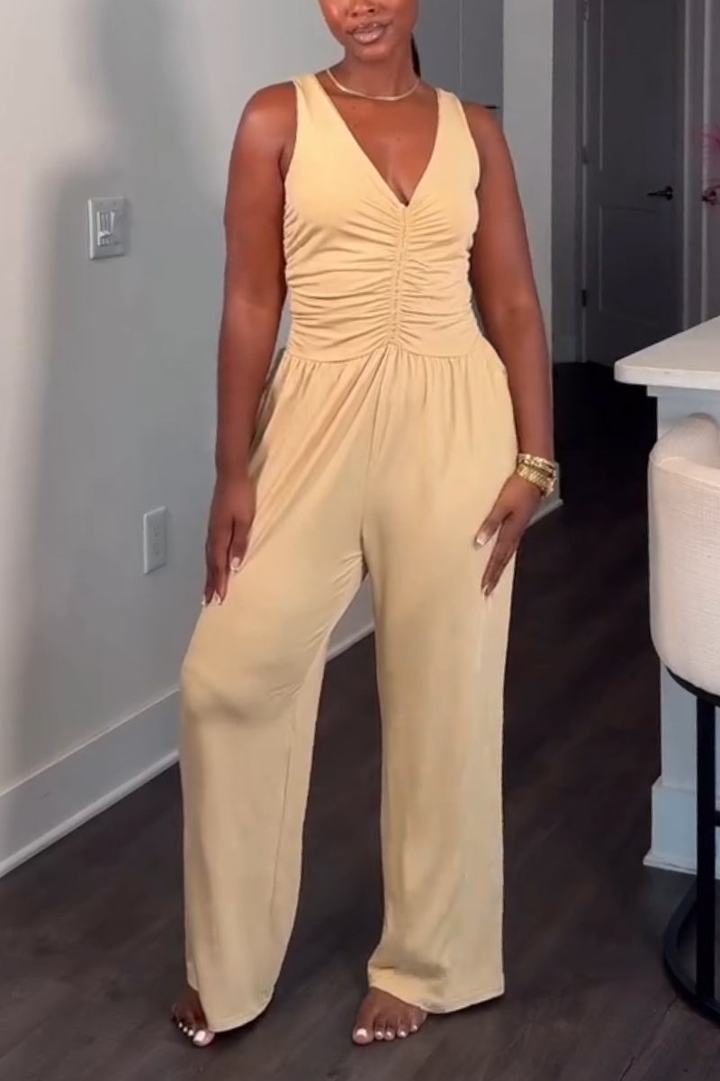 Women's Deep V-neck Solid Color Sleeveless Patchwork Casual Jumpsuit