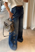 Women's Fashion Metal Cutout Trim Wide Leg Jeans