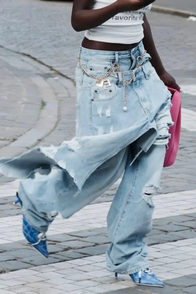 Women's Casual Hot Selling Asymmetrical Overlapping Jeans