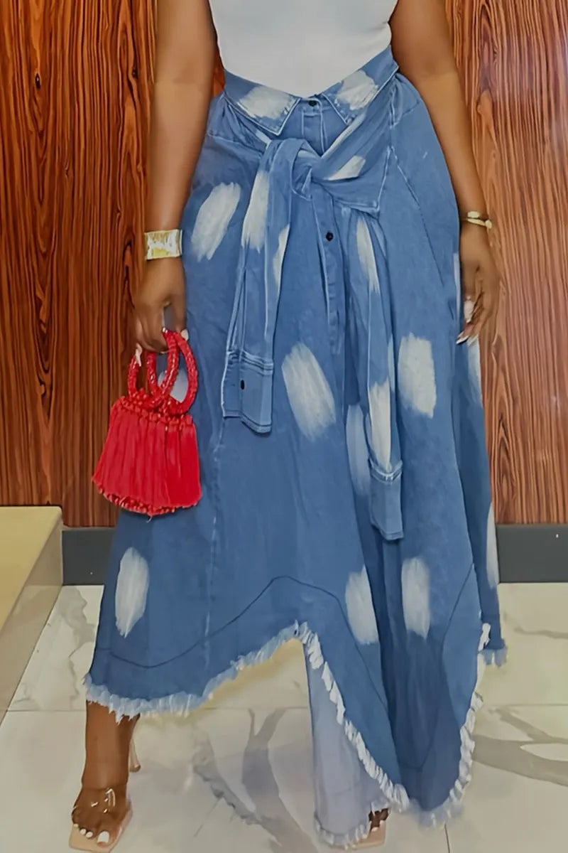 Women Tie Dye Collar Raw Edge Irregular Hem Denim Maxi Skirt