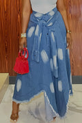 Women Tie Dye Collar Raw Edge Irregular Hem Denim Maxi Skirt