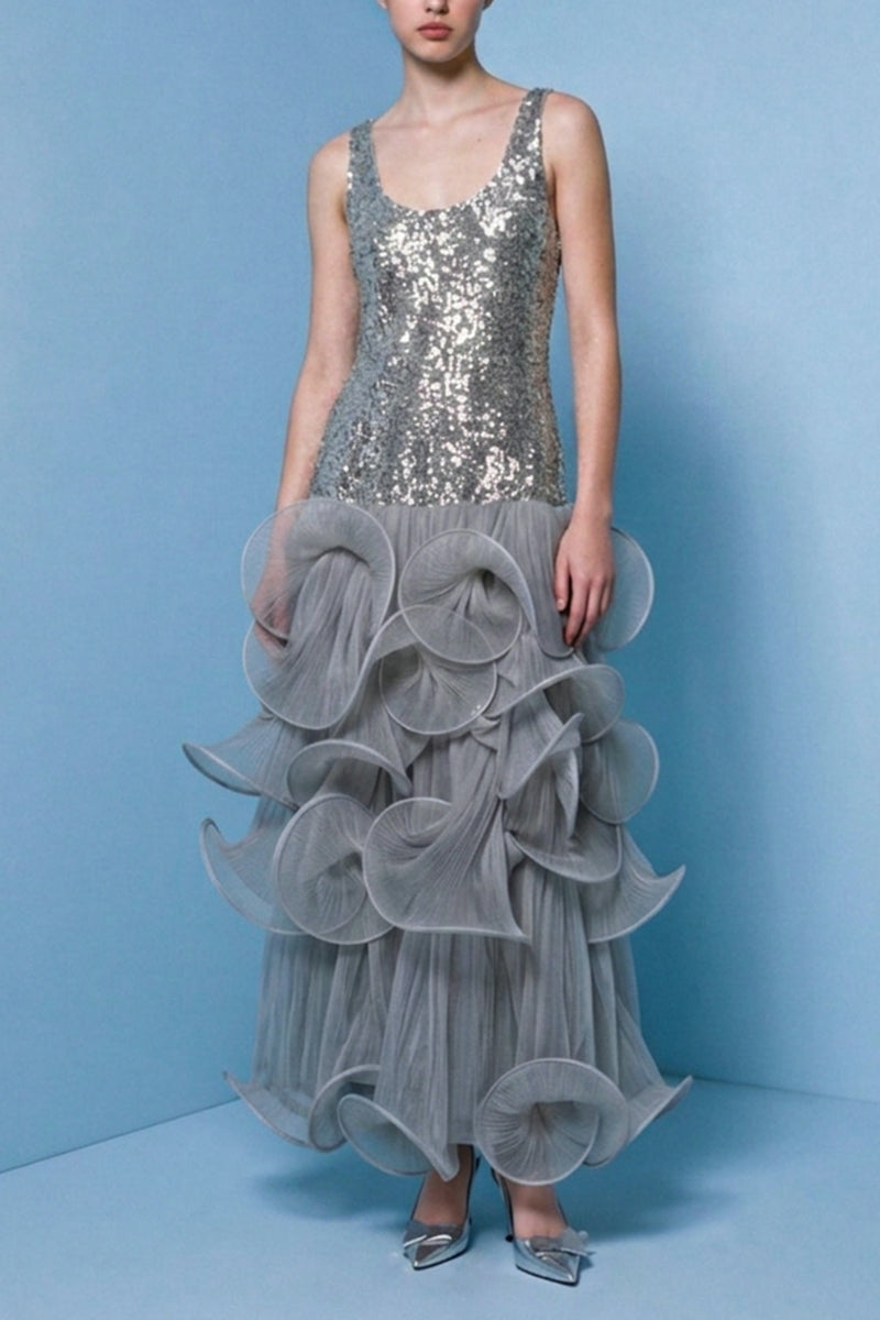Women's Elegant Shiny Sequins Ruffle Hem Gown Dress