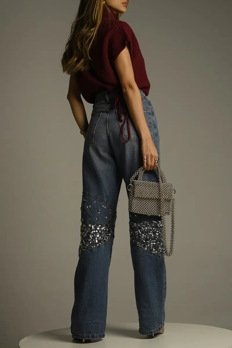 Women's Casual Rhinestone Trim Wide Leg Jeans