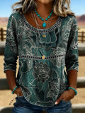 Women's Vintage Print Casual Hollow Denim Shirt