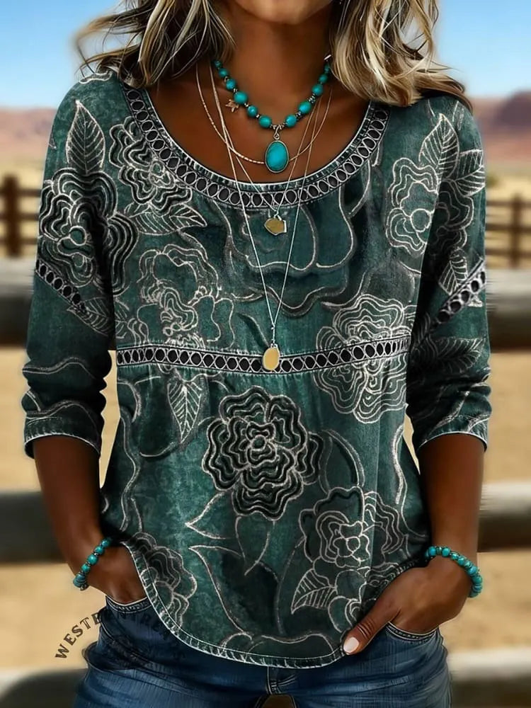 Women's Vintage Print Casual Hollow Denim Shirt