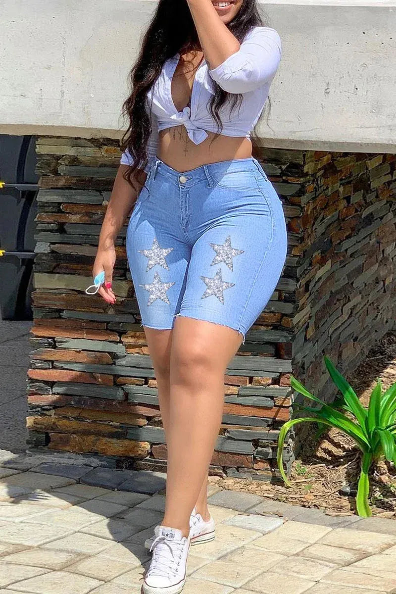Ladies' Street Fashion Casual Star Style High Waisted Slim Fit Denim Shorts