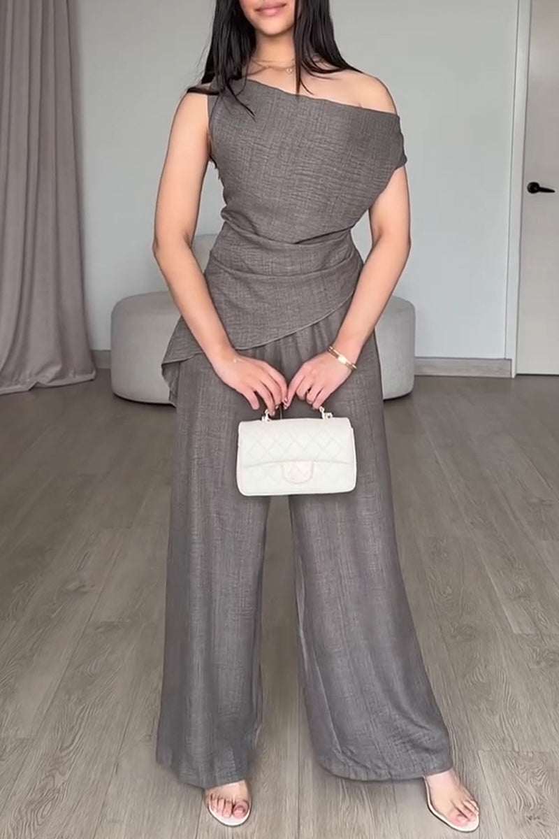 Women's Casual Asymmetric Neckline Vest Pants Two-Piece Set