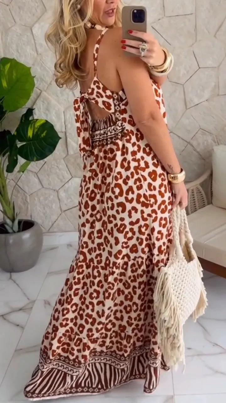 Women Spaghetti Strap Patchwork Printed Casual Vacation Style Dress