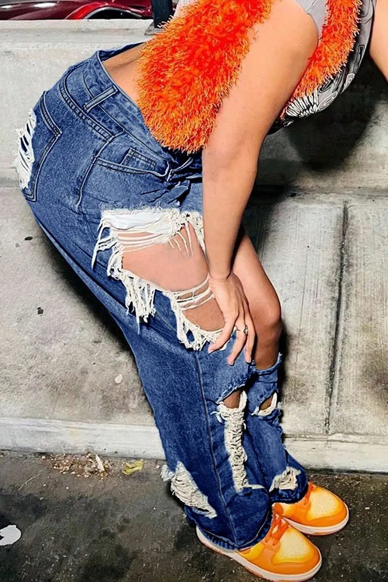 Women's Casual Distressed Wide-Leg Jeans