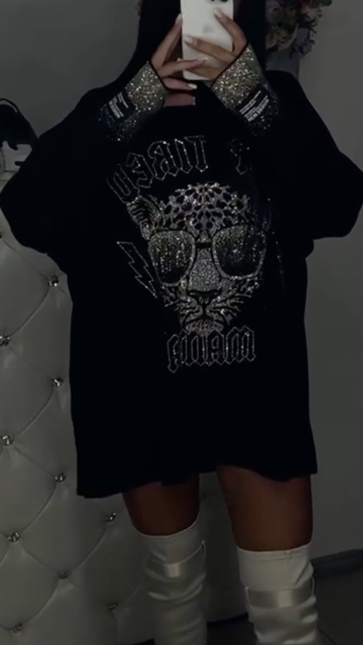Women's Round-neck Leopard Print Rhinestone Casual Top