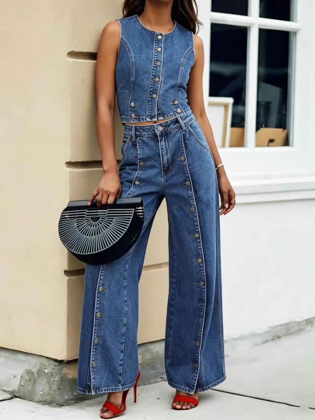 Retro Denim Crop Top & Wide Leg Jeans Set
