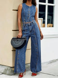 Retro Denim Crop Top & Wide Leg Jeans Set