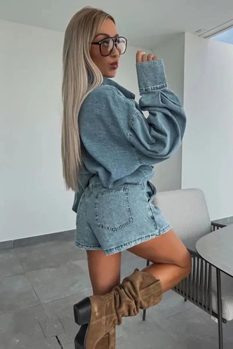 Women's Denim Asymmetrical Two-Piece Skirt Set