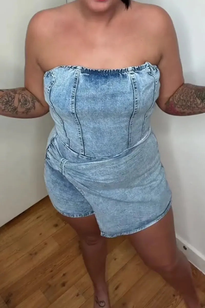 Women's Casual Short Denim Romper With Asymmetrical Design