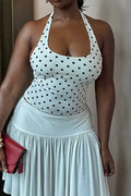 Women's Halter Neck Backless Polka Dot Print Vacation Top Or Irregular Hem Skirt
