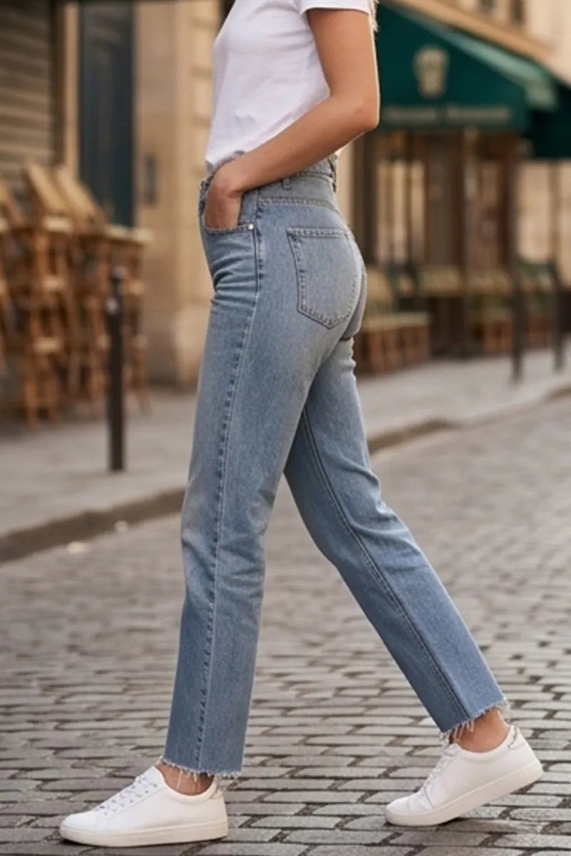 Women's Casual Straight Leg Raw Hem Jeans