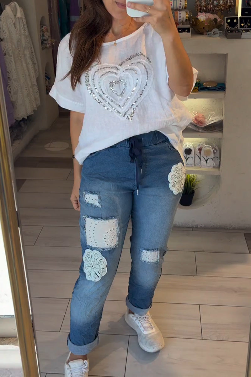 Women's Round Neck Heart-shaped Sequin Top or Spliced Washed Denim Jeans