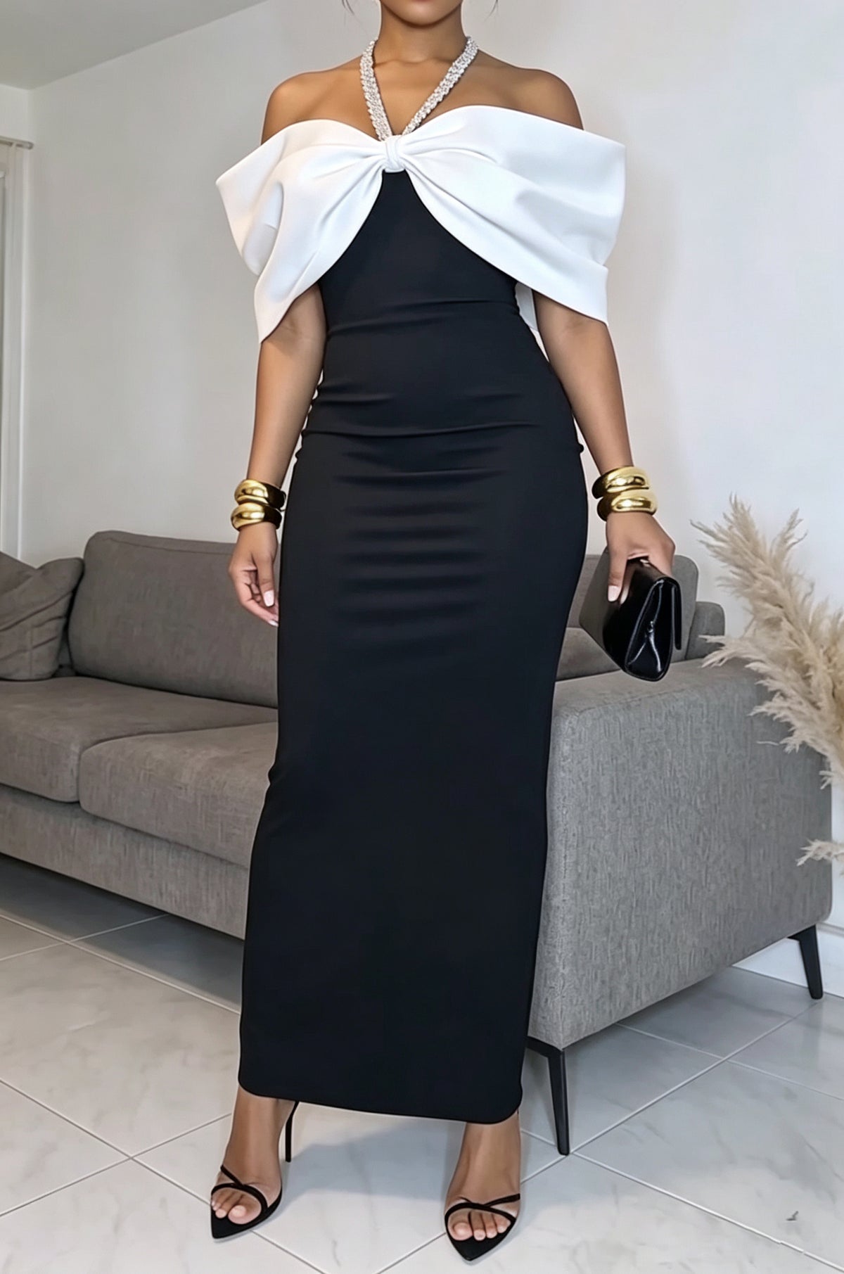 Women's Elegant Rhinestone Decoration Color Block Off-Shoulder Gown Dress