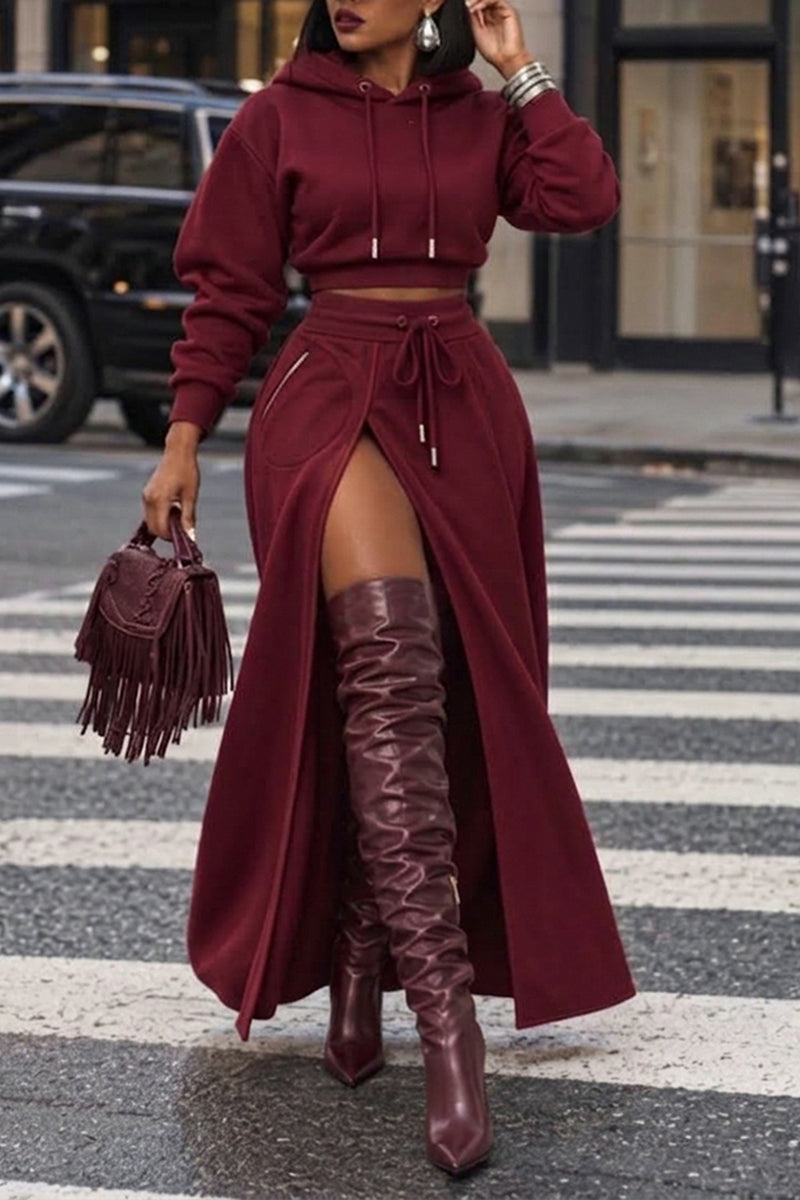 Women's Casual Hoodie Slit Skirt Two-Piece Set