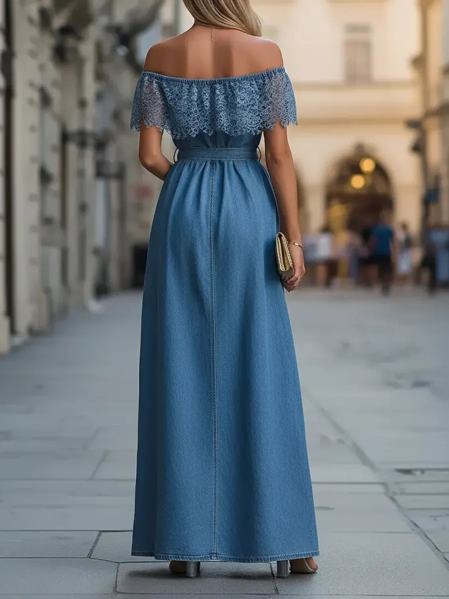Women's Lace Patchwork Denim Long Dress