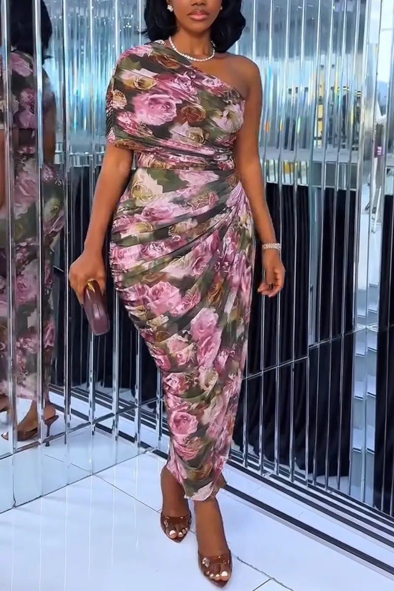 Women's Slanted Collar Printed Slim Fit Elegant Temperament Dress