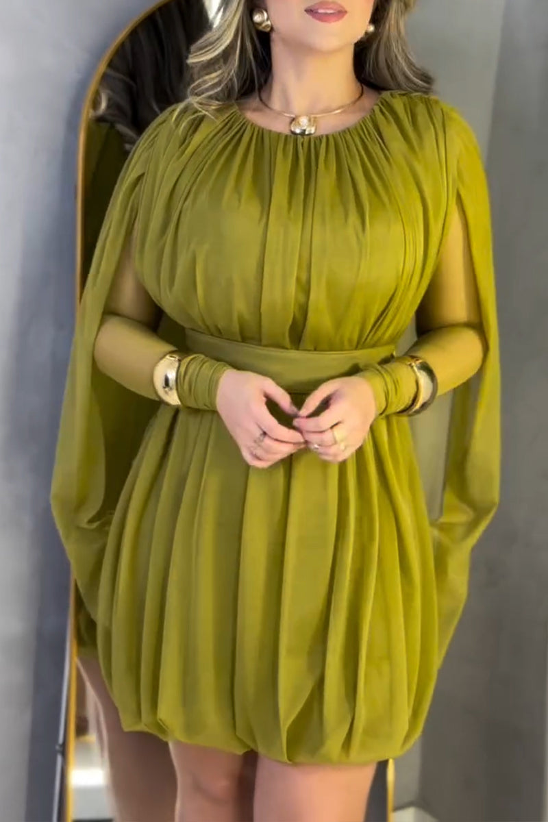 Women's Elegant Pleated Mesh Capelet Mini Dress with Belt