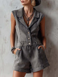 Women's Sleeveless Casual Loose Denim Jumpsuit With Lapel Collar