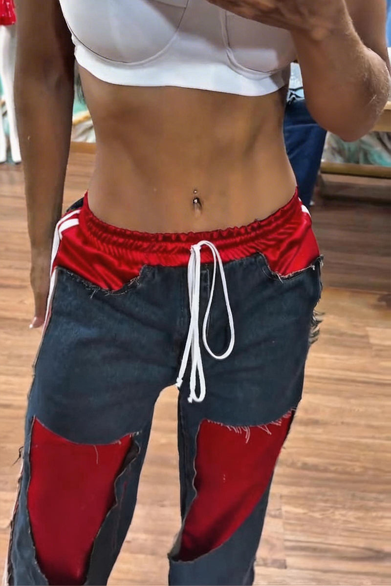 Women's Fashion Stripe Print Fabric Panel Jeans