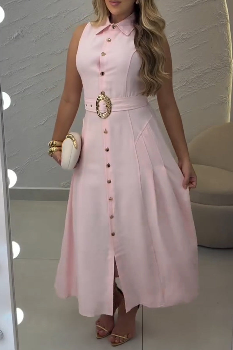 Women's Casual Button Sleeveless Midi Dress with Belt