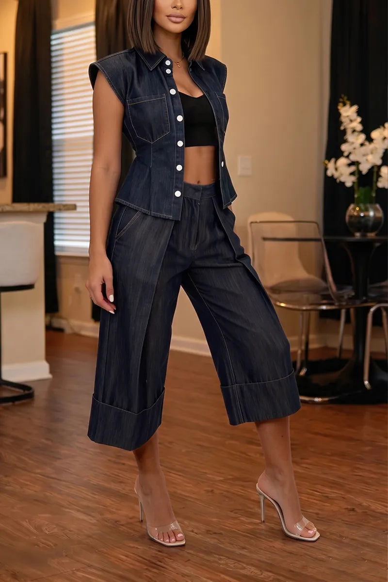 Women's Elegant Waist Cinching Denim Vest or Short Jeans