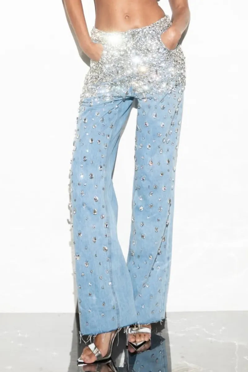 Women's Diamond-encrusted Straight-leg Jeans