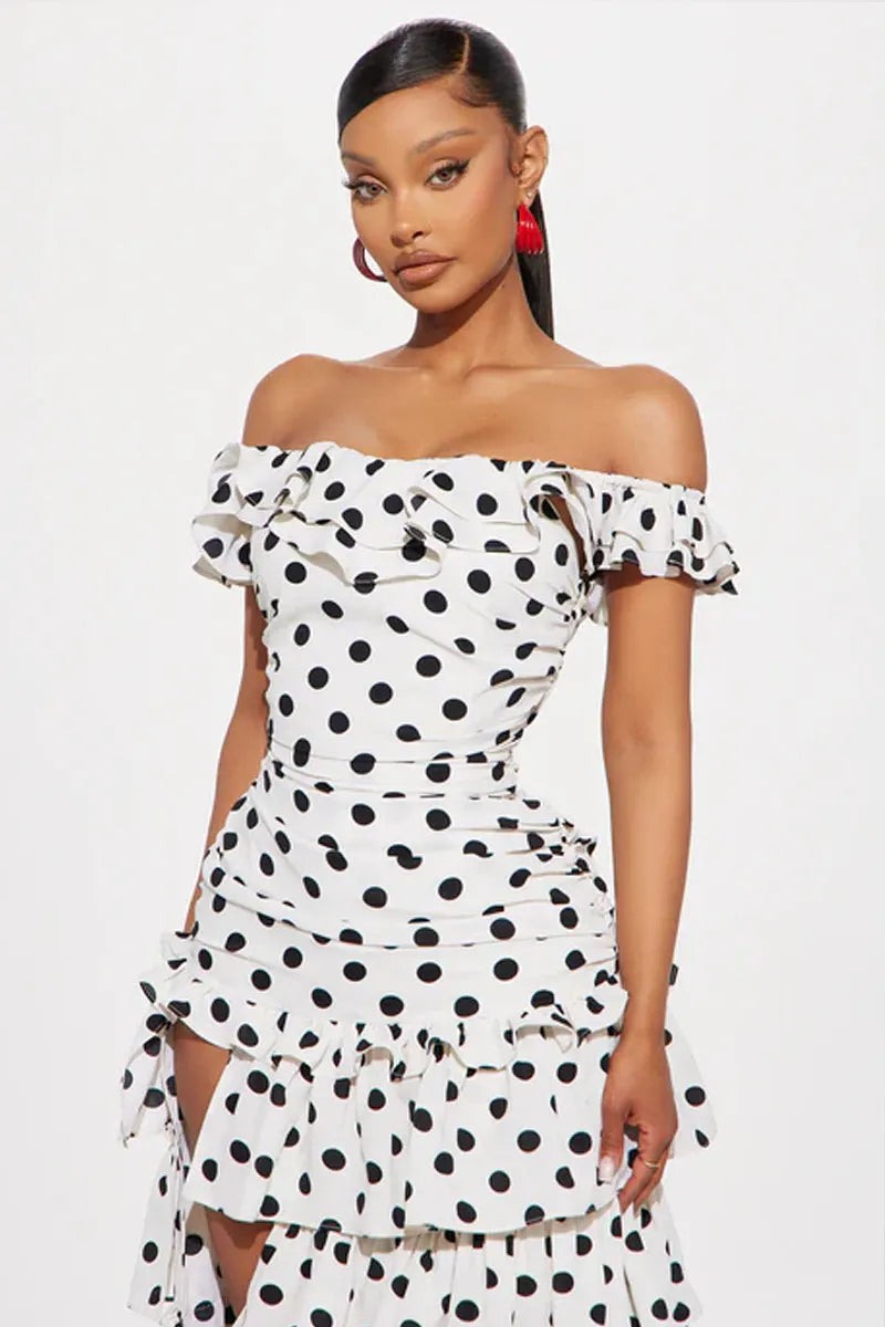 Women Polka Dot Off-Shoulder Ruffle Tiered High-Slit Maxi Dress