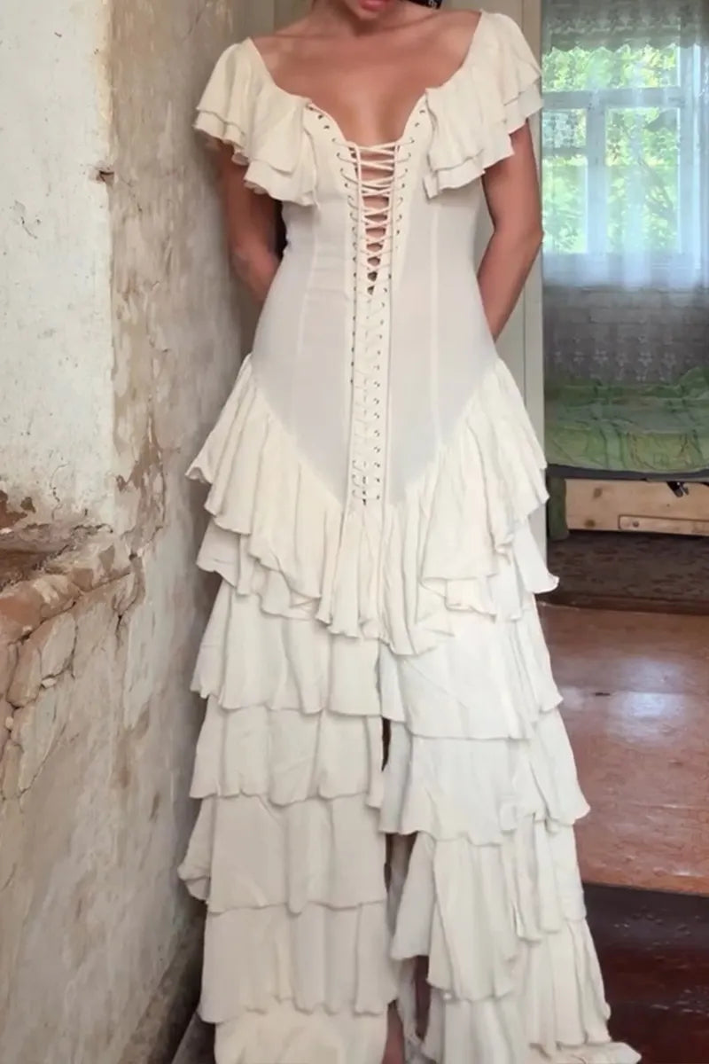 Women's Elegant Tiered Hem Lace-Up Maxi Dress