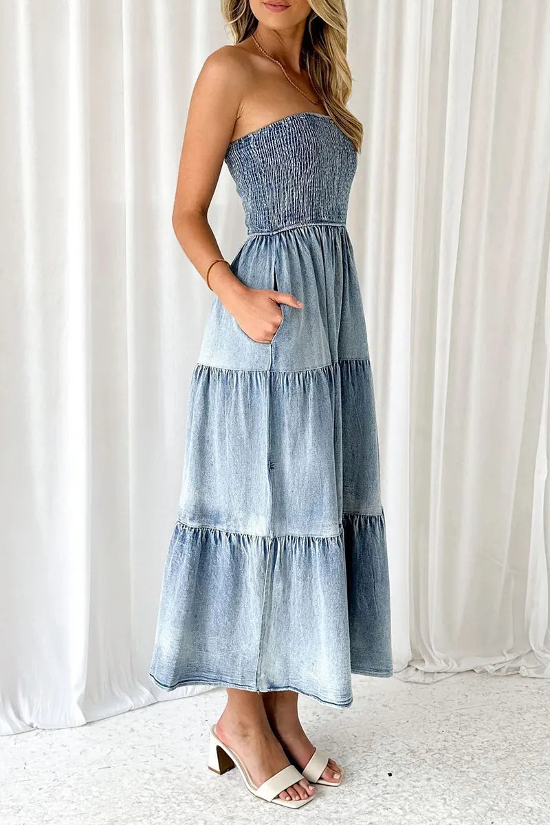 Women's Elegant Hemline Side Slit Bustier Denim Cake Dress