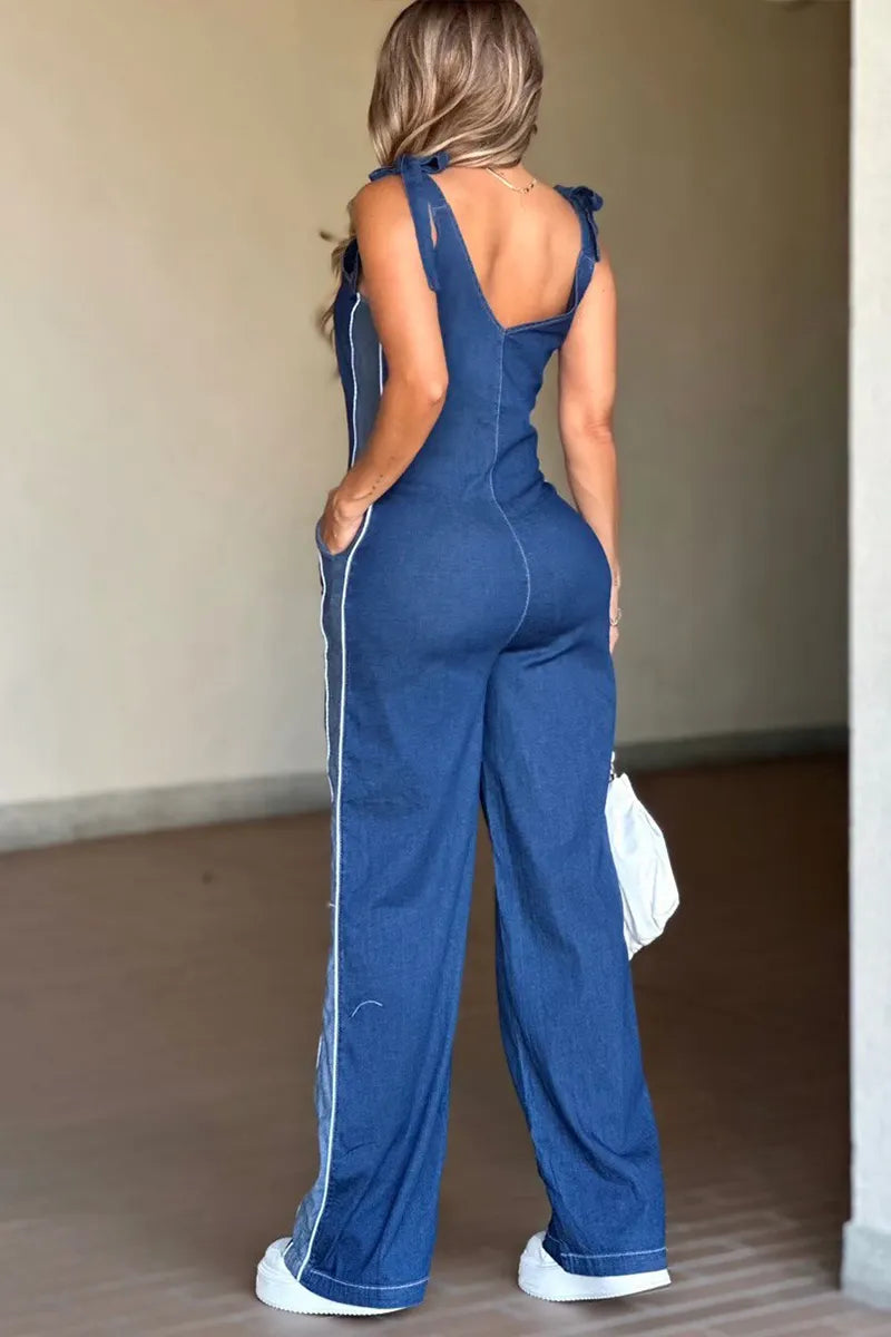 Women's V-Neck Denim Jumpsuit with Side White Stripe Detail