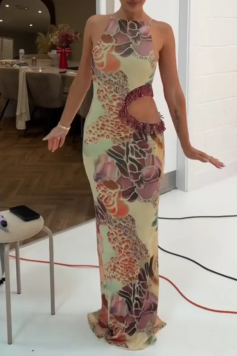 Women's Elegant Printed Waist Hollow Tassel Maxi Dresses