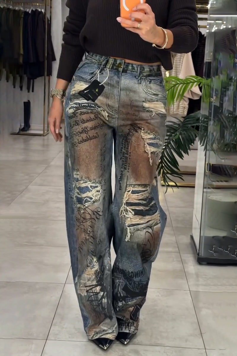 Women's Printed Distressed Washed Scratch Casual Jeans