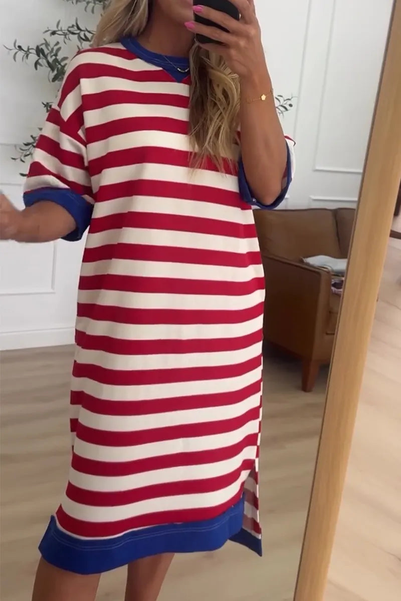 Women Round Neck Striped Loose Casual Midi Dresses