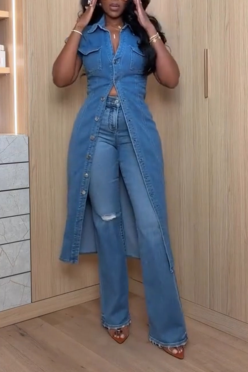 Women's Casual Lapel Breasted Long Denim Top or Washed Denim Jeans