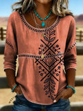 Retro Aztec Floral Art Print Casual Hollow Denim Shirt