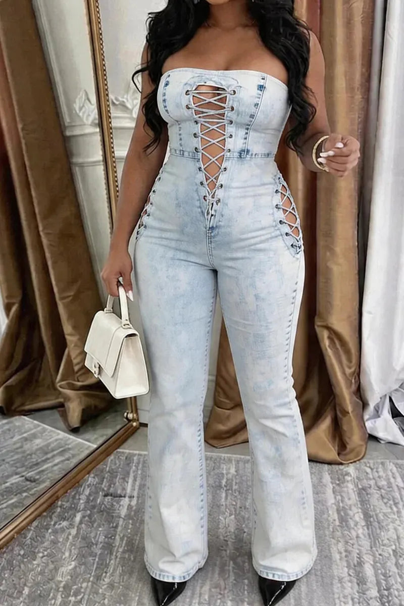 Women's Sexy Strapless Lace Up Denim Jumpsuit