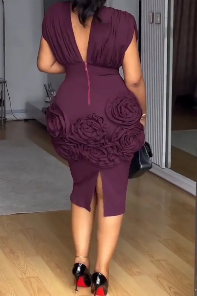 Women V-neck and Waist Cinched Three-dimensional Flower Elegant Temperament Midi Dresses