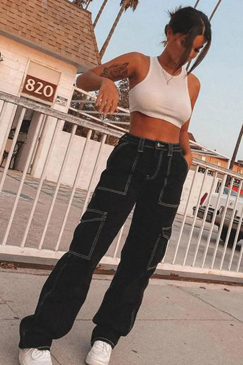 Women's Elastic Waist Wide-Leg Cargo Jeans With Multiple Pockets