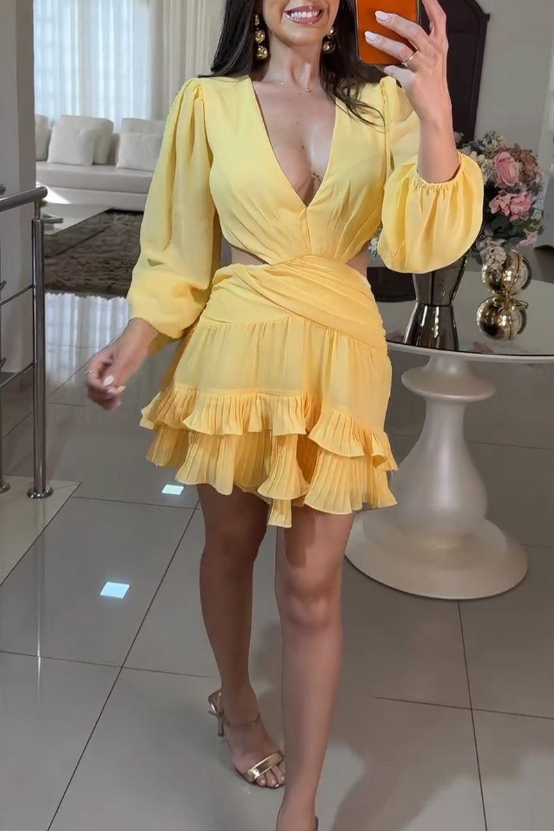 Women's Elegant Puff Sleeve Waist Cut-Out Tiered Hem Mini Dress