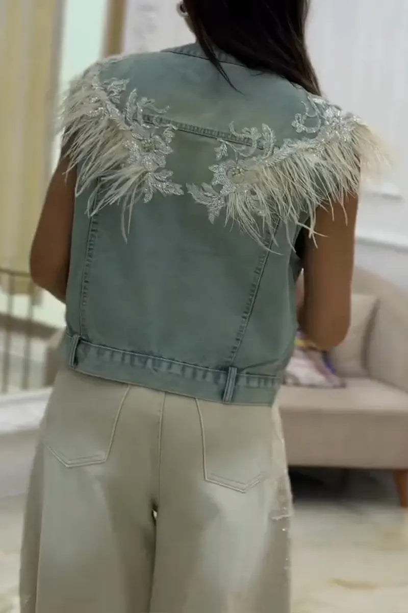 Women's Fashion Sequin Embroidered Feather Denim Vest or Jeans
